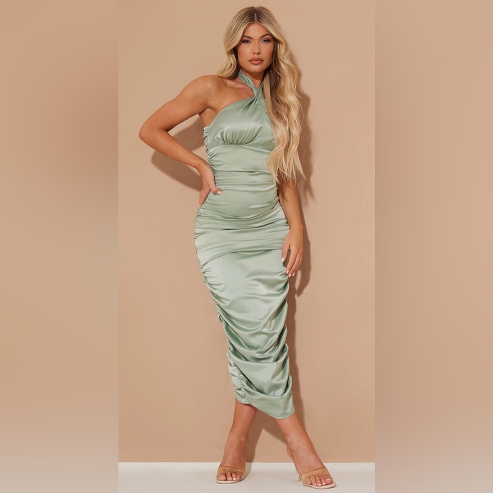 Sage Green Satin Knot Detail Halterneck Ruched Midi Dress